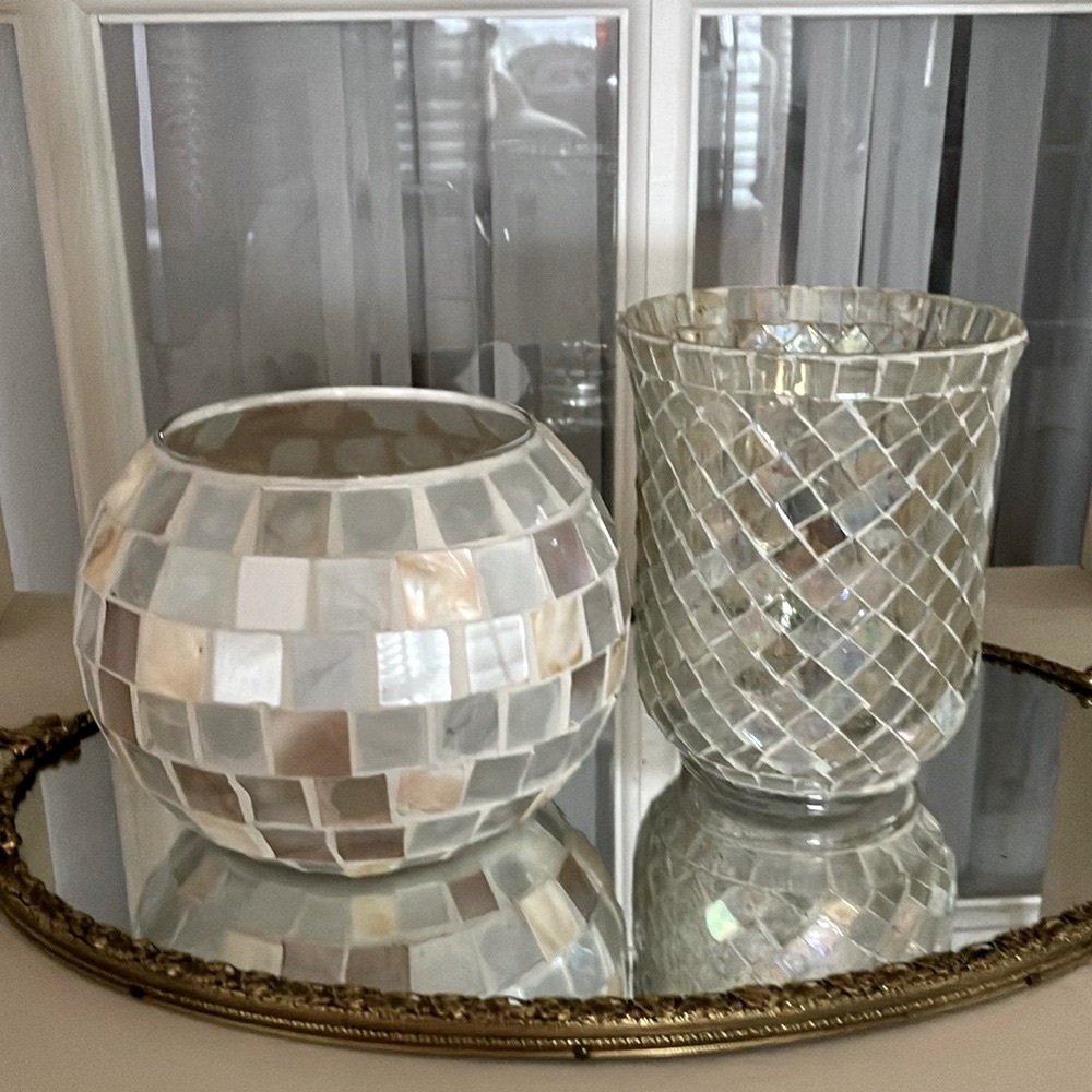 Elegant Mosaic Glass Vases (2)/ Candle Holders - Cream and Silver